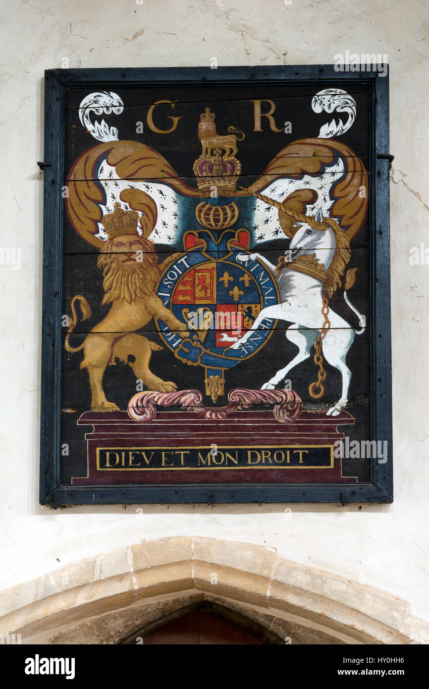 Royal coat of arms in St. Peter`s Church, Great Walsingham, Norfolk, England, UK Stock Photo